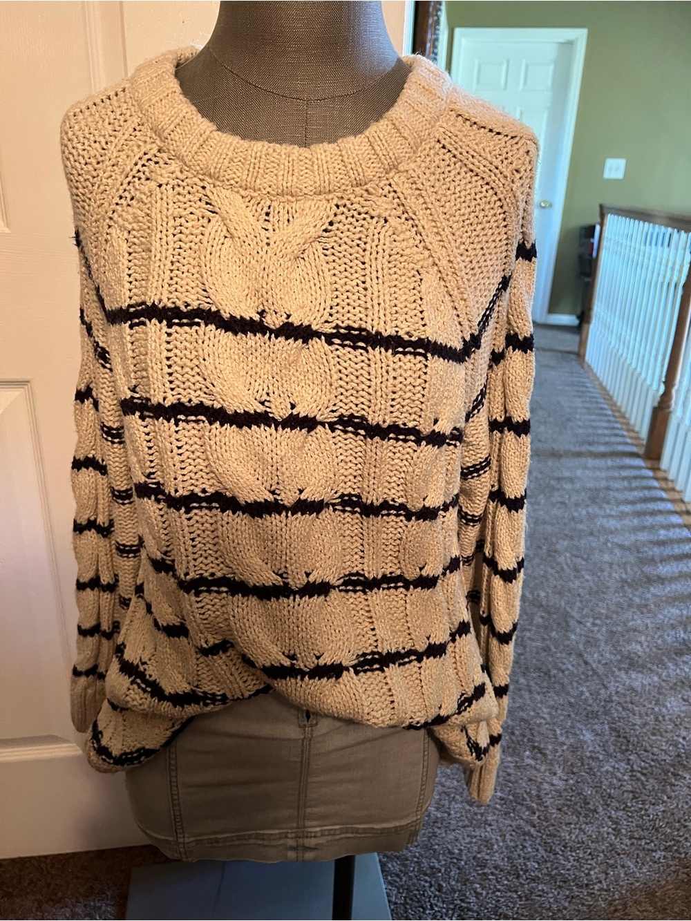 J. Jill Cable Knit Striped Crewneck Sweater in Cream and Black